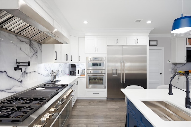 18 Heron Ct, Levittown, NY 11756 - kitchen featuring custom exhaust hood, high quality appliances, a sink, white cabinets, and ornamental molding