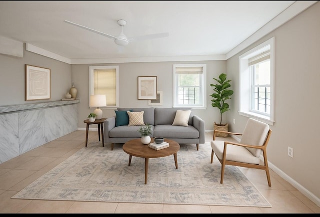 435 S Columbus Ave, Mount Vernon, NY 10553 - living room with ceiling fan, tile patterned floors, baseboards, and crown molding