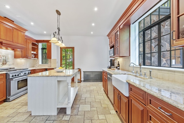 100 Mount Airy Rd S, Croton-On-Hudson, NY 10520 - kitchen with stainless steel appliances, open shelves, stone tile floors, recessed lighting, and a sink