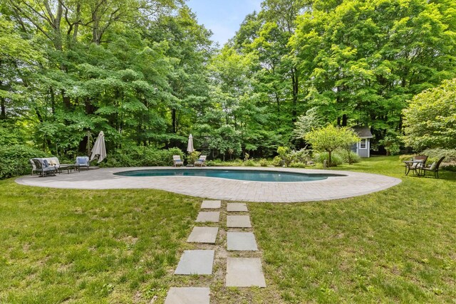 100 Mount Airy Rd S, Croton-On-Hudson, NY 10520 - swimming pool with a patio area, an outbuilding, and a lawn