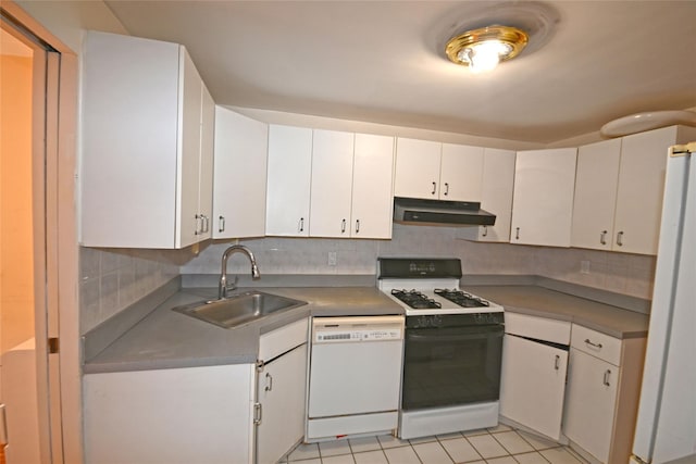 10 Ipswich Ave Unit 4M, Great Neck, NY 11021 - kitchen featuring white appliances, under cabinet range hood, white cabinets, and decorative backsplash