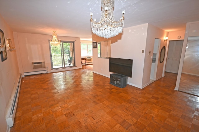 10 Ipswich Ave Unit 4M, Great Neck, NY 11021 - unfurnished living room with a chandelier, a baseboard radiator, and a wall unit AC