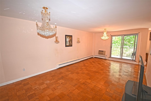 10 Ipswich Ave Unit 4M, Great Neck, NY 11021 - unfurnished room featuring a chandelier, a baseboard radiator, a wall mounted air conditioner, and baseboard heating