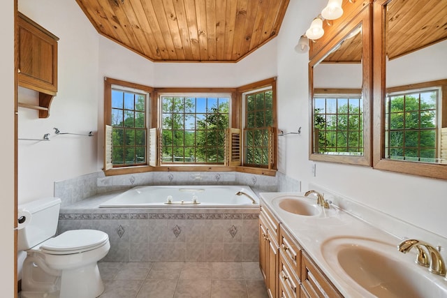 6843 Rte 55, Wingdale, NY 12594 - full bathroom with healthy amount of natural light, wooden ceiling, tile patterned floors, a garden tub, and toilet