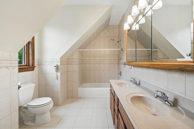 6843 Rte 55, Wingdale, NY 12594 - bathroom featuring tile walls, tile patterned floors, toilet, shower / bath combination, and double vanity