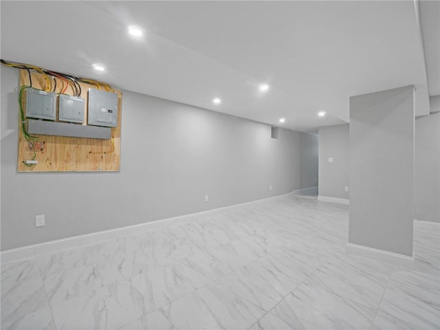 46 S 12th Ave, Mount Vernon, NY 10550 - finished below grade area featuring marble finish flooring, recessed lighting, baseboards, and electric panel