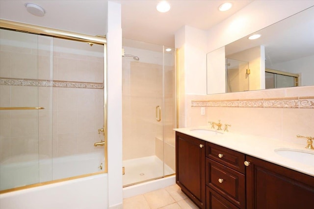 100 Harbor View Dr SW Unit 335, Port Washington, NY 11050 - full bath with tile patterned flooring, double vanity, recessed lighting, and decorative backsplash
