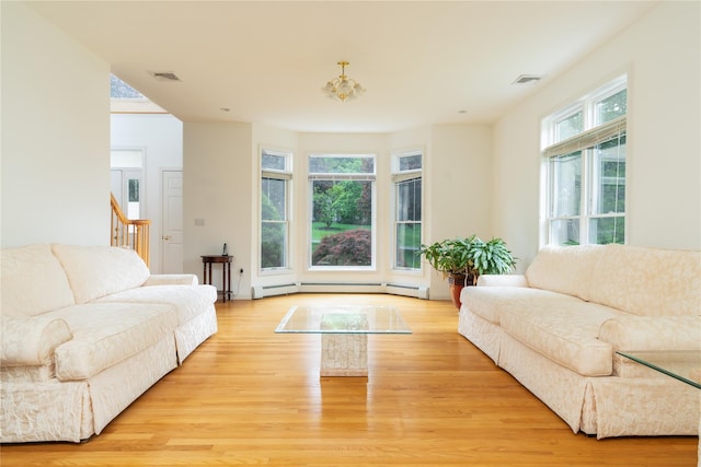 9 Golf Course Dr, Suffern, NY 10901 - living room featuring baseboard heating, light wood-type flooring, and stairs