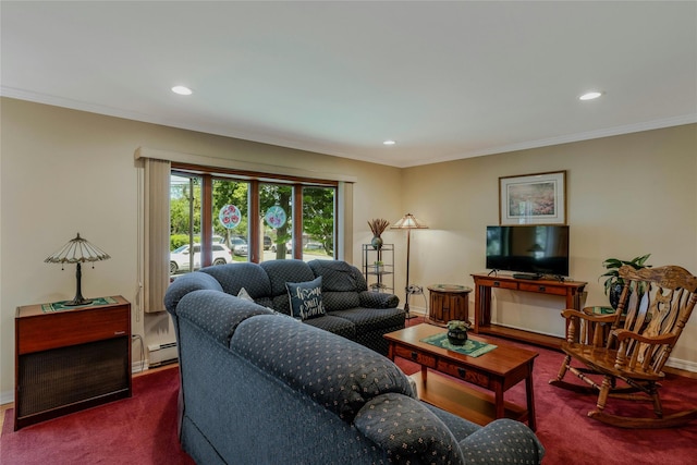 1784 W End Ave, New Hyde Park, NY 11040 - living area with carpet flooring, recessed lighting, crown molding, a baseboard radiator, and baseboards