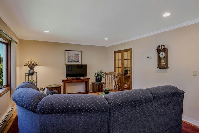 1784 W End Ave, New Hyde Park, NY 11040 - living room featuring baseboard heating, recessed lighting, baseboards, ornamental molding, and wood finished floors