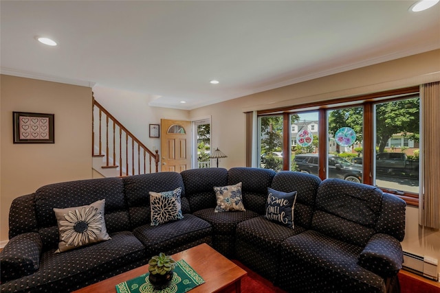 1784 W End Ave, New Hyde Park, NY 11040 - living room featuring baseboard heating, stairs, healthy amount of natural light, ornamental molding, and recessed lighting