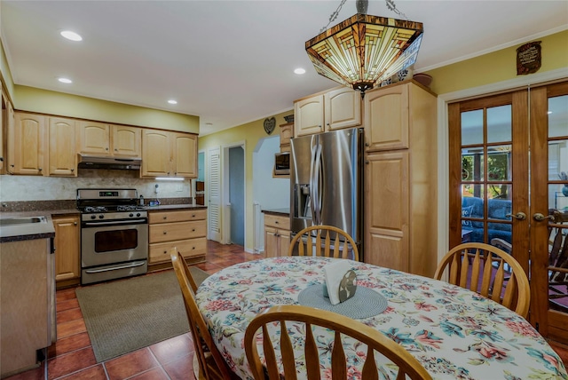 1784 W End Ave, New Hyde Park, NY 11040 - kitchen with stainless steel appliances, under cabinet range hood, light brown cabinetry, french doors, and recessed lighting