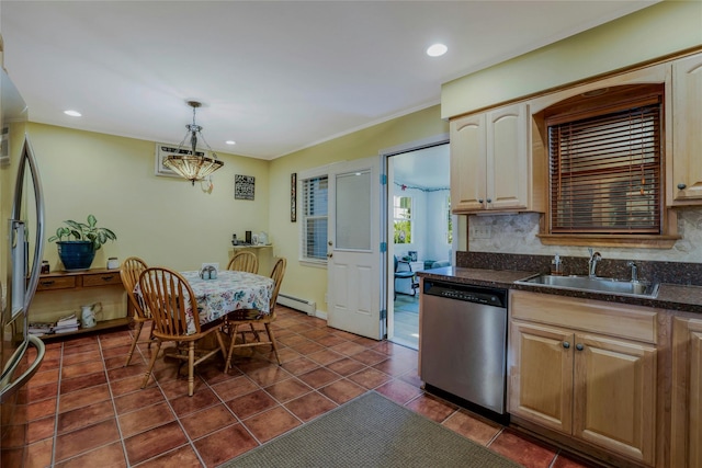 1784 W End Ave, New Hyde Park, NY 11040 - kitchen with appliances with stainless steel finishes, a baseboard radiator, dark countertops, a sink, and recessed lighting