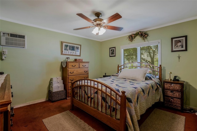 1784 W End Ave, New Hyde Park, NY 11040 - carpeted bedroom featuring a wall unit AC, ornamental molding, baseboards, and a ceiling fan