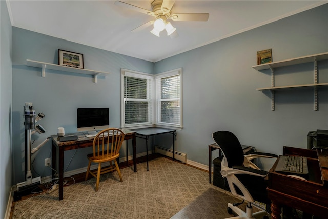 1784 W End Ave, New Hyde Park, NY 11040 - home office with a baseboard heating unit, ceiling fan, baseboards, and light wood-type flooring