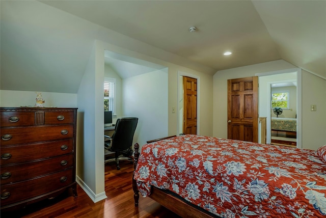 1784 W End Ave, New Hyde Park, NY 11040 - bedroom with lofted ceiling, dark wood-type flooring, recessed lighting, and a desk
