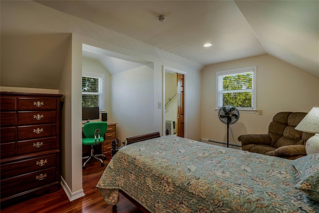 1784 W End Ave, New Hyde Park, NY 11040 - bedroom featuring vaulted ceiling, a baseboard radiator, dark wood finished floors, an office area, and recessed lighting