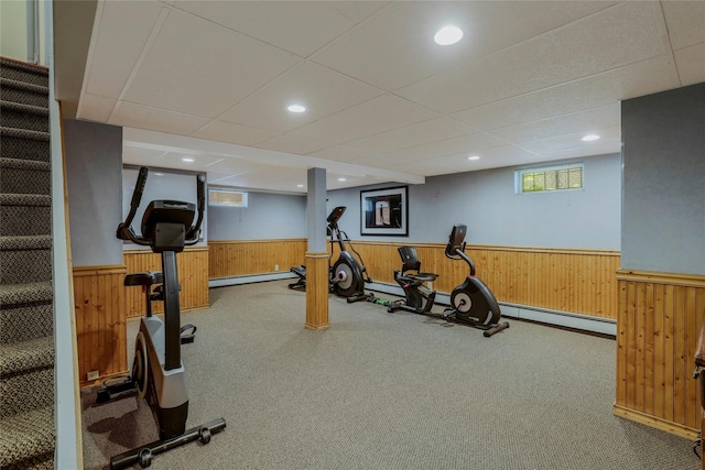 1784 W End Ave, New Hyde Park, NY 11040 - exercise room featuring wainscoting, wooden walls, a baseboard radiator, and carpet