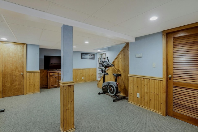 1784 W End Ave, New Hyde Park, NY 11040 - exercise area with wainscoting, wooden walls, carpet floors, and recessed lighting