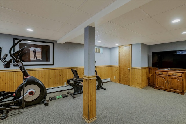 1784 W End Ave, New Hyde Park, NY 11040 - workout area featuring a wainscoted wall, carpet, a baseboard heating unit, wooden walls, and recessed lighting