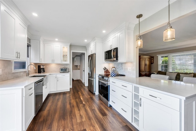 30 Twisting Dr, Lake Grove, NY 11755 - kitchen featuring stainless steel appliances, a sink, white cabinetry, dark wood-style flooring, and recessed lighting