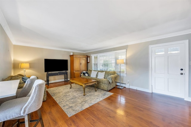 30 Twisting Dr, Lake Grove, NY 11755 - living area with baseboard heating, ornamental molding, wood finished floors, and baseboards