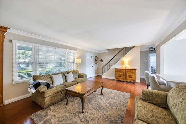 30 Twisting Dr, Lake Grove, NY 11755 - living room with stairway, crown molding, baseboards, and wood finished floors