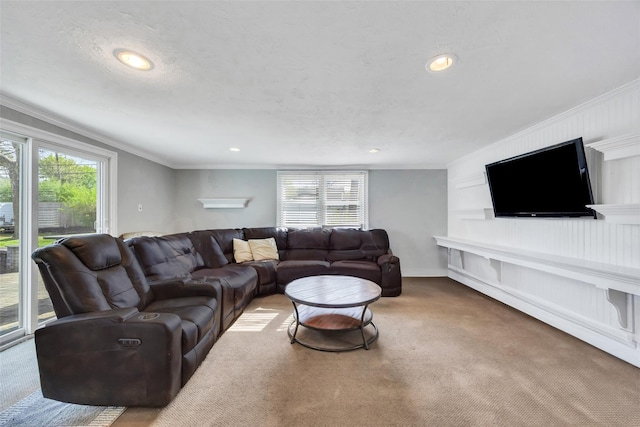30 Twisting Dr, Lake Grove, NY 11755 - carpeted living room featuring crown molding and recessed lighting