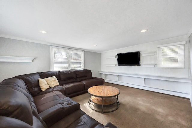30 Twisting Dr, Lake Grove, NY 11755 - living area with built in features, crown molding, carpet floors, and recessed lighting