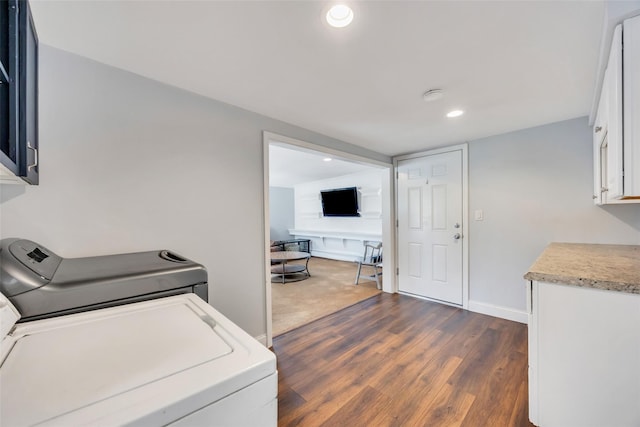 30 Twisting Dr, Lake Grove, NY 11755 - laundry room with cabinet space, independent washer and dryer, dark wood-style flooring, recessed lighting, and baseboards