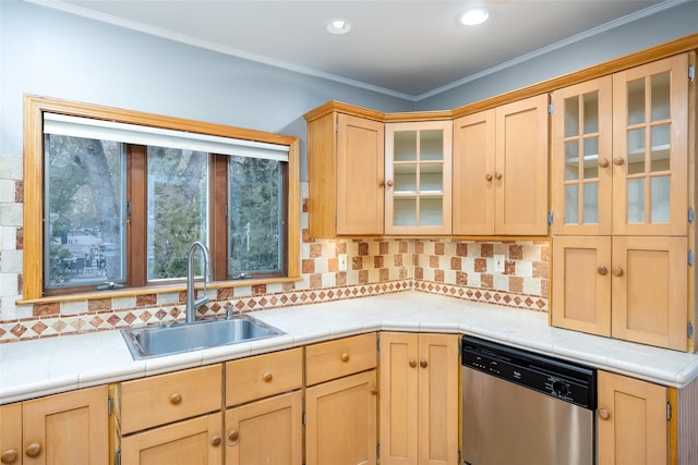 21 Livingston St, Deer Park, NY 11729 - kitchen featuring dishwasher, a sink, light brown cabinets, tasteful backsplash, and recessed lighting