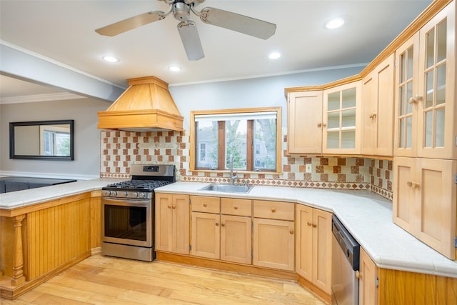 21 Livingston St, Deer Park, NY 11729 - kitchen with appliances with stainless steel finishes, custom exhaust hood, a peninsula, a sink, and healthy amount of natural light