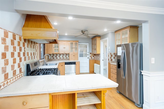21 Livingston St, Deer Park, NY 11729 - kitchen featuring appliances with stainless steel finishes, custom range hood, a sink, recessed lighting, and tasteful backsplash
