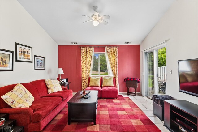552 Birchwood Park Dr, Middle Island, NY 11953 - living room with a ceiling fan, tile patterned floors, and an accent wall