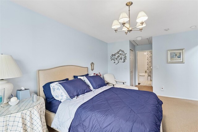 552 Birchwood Park Dr, Middle Island, NY 11953 - bedroom with carpet floors, a chandelier, and ensuite bath