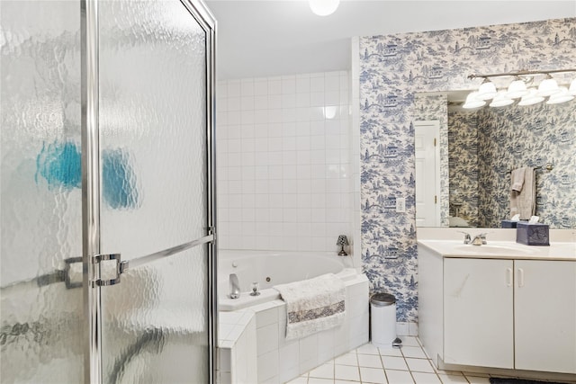552 Birchwood Park Dr, Middle Island, NY 11953 - full bath featuring a shower stall, tile patterned flooring, a jetted tub, vanity, and wallpapered walls