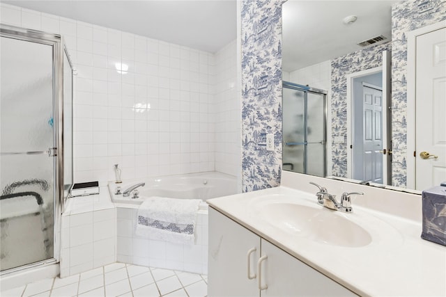 552 Birchwood Park Dr, Middle Island, NY 11953 - bathroom featuring a stall shower, wallpapered walls, a garden tub, tile patterned flooring, and vanity