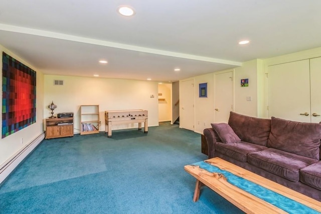 95 Nassau Ave, Plainview, NY 11803 - living area with a baseboard radiator, stairs, carpet floors, and recessed lighting