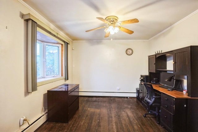 office area with a baseboard heating unit, wood finished floors, ceiling fan, crown molding, and baseboards