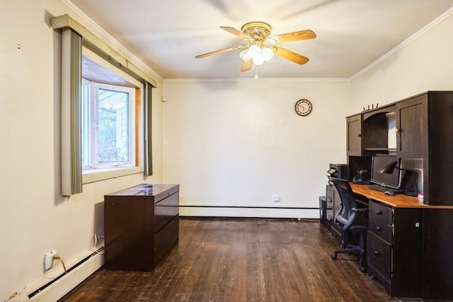 office area with a baseboard heating unit, wood finished floors, ceiling fan, and crown molding