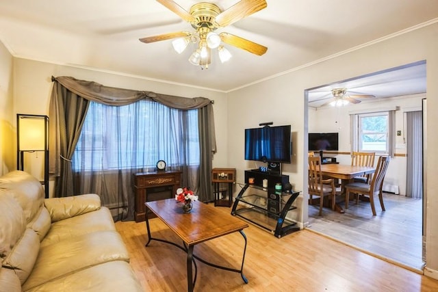 living room featuring ceiling fan, light wood-type flooring, and ornamental molding