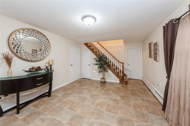 91-10 164th, Howard Beach, NY 11414 - foyer entrance with baseboard heating, stone finish floors, stairway, and baseboards