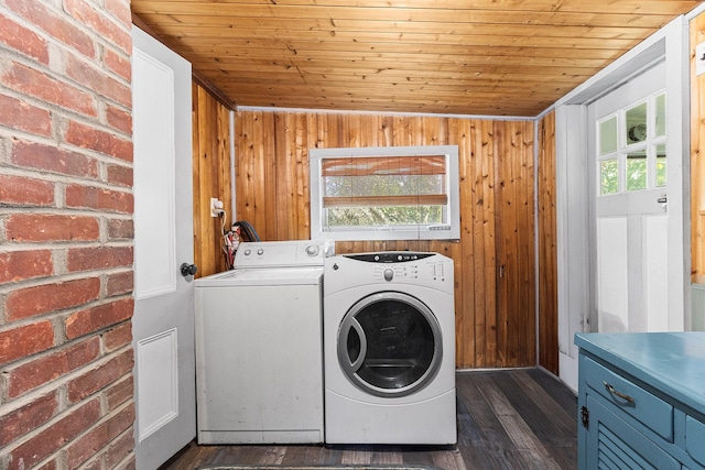 30 Railroad Ave, Center Moriches, NY 11934 - laundry area with healthy amount of natural light, washing machine and dryer, wooden ceiling, dark wood-type flooring, and wooden walls