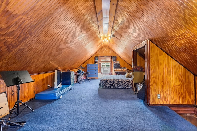 30 Railroad Ave, Center Moriches, NY 11934 - bedroom with wood walls, carpet, lofted ceiling, and wooden ceiling