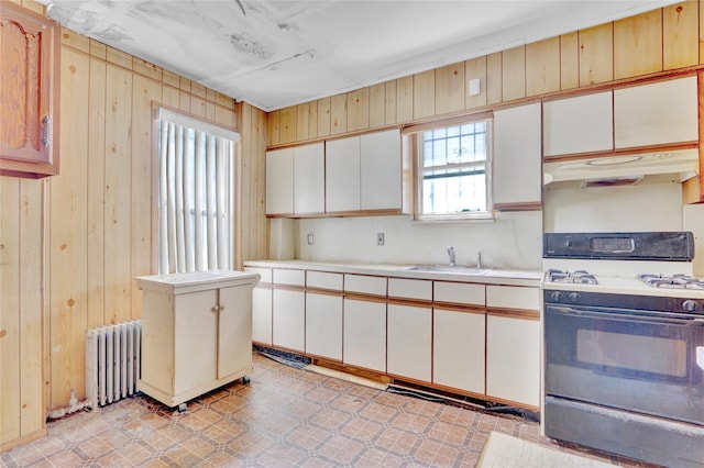 8 Van Siclen Ave, Brooklyn, NY 11207 - kitchen with gas range, under cabinet range hood, a sink, light countertops, and wooden walls