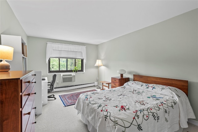 carpeted bedroom with baseboard heating, an office area, a wall unit AC, and baseboards