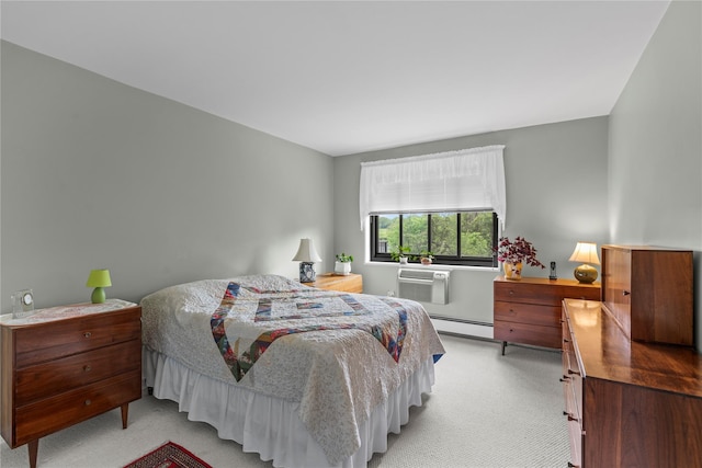 bedroom featuring light colored carpet, a wall unit AC, and a baseboard heating unit