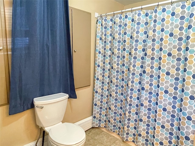 40 Cream St, Poughkeepsie, NY 12601 - bathroom featuring toilet, a shower with shower curtain, baseboards, and a baseboard radiator