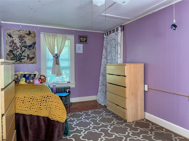40 Cream St, Poughkeepsie, NY 12601 - bedroom featuring attic access, baseboards, ornamental molding, and radiator heating unit