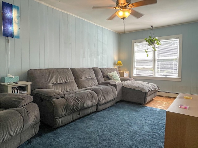 40 Cream St, Poughkeepsie, NY 12601 - carpeted living area featuring a baseboard heating unit, ceiling fan, crown molding, and wooden walls